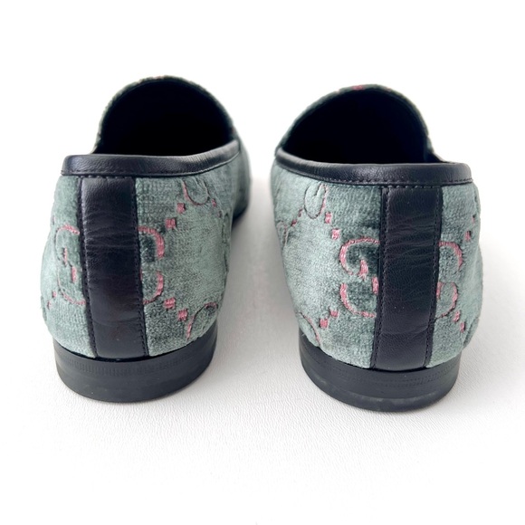GUCCI | Jordaan Horsebit Velvet Monogram Loafers Flats Green Pink GG Logo US 9 - Picture 5 of 11